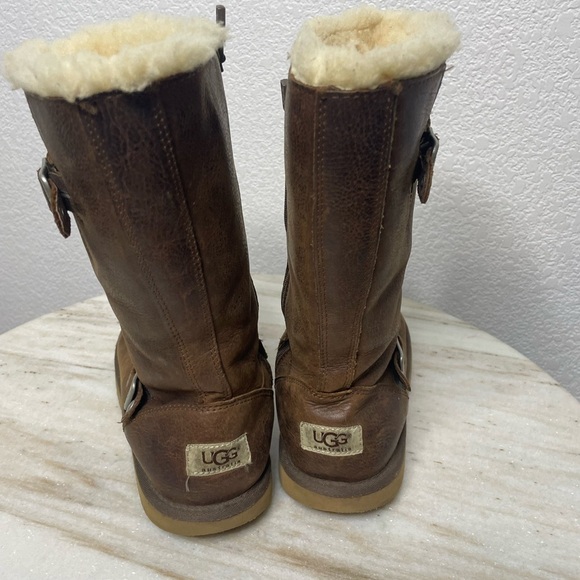 UGG boots leather fur lined men sz 5 distressed brown double buckle - Picture 8 of 9